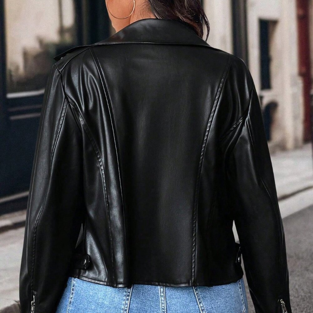 Black Casual Women's Zip Up Faux Leather Moto Jacket BIker - Picture 11 of 11